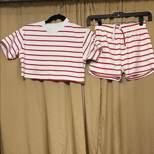 Primark Red/White Striped Girl’s 2pc Short Set Cropped Top Non Func Drawstring